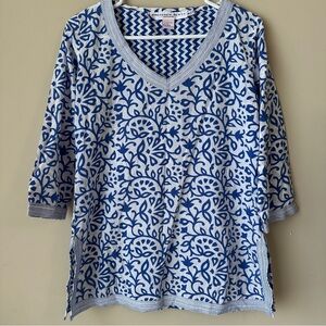 Gretchen Scott Geometric Floral Print Tunic Top Sz Small Cotton Blouse Shirt